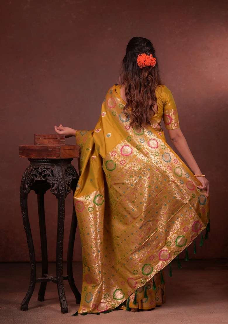 Yellow Zari Work Silk Blend Saree Set for Diwali and Festive Wear - Indya