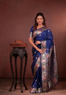 Dark Blue Zari Work Silk Blend Saree Set