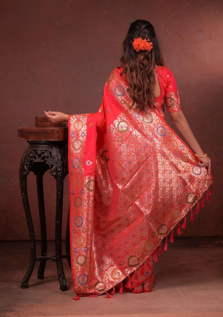 Orange Silk Blend Saree Set with Zari Work for Diwali | Wedding & Festive Wear - Indya