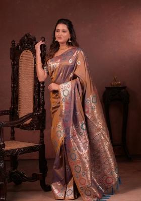 Brown Zari Work Silk Blend Saree Set