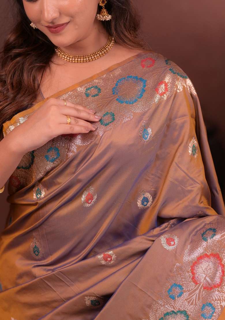 Brown Silk Blend Saree Set with Zari Work for Diwali | Wedding & Festive Wear - Indya