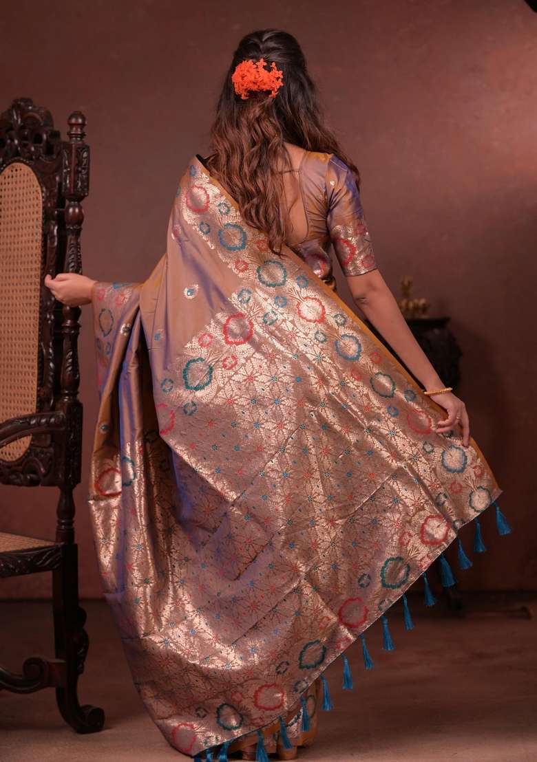 Brown Silk Blend Saree Set with Zari Work for Diwali | Wedding & Festive Wear - Indya