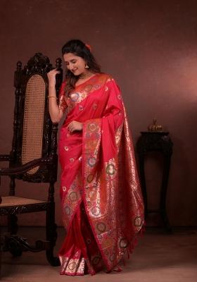 Red Zari Work Silk Blend Saree Set