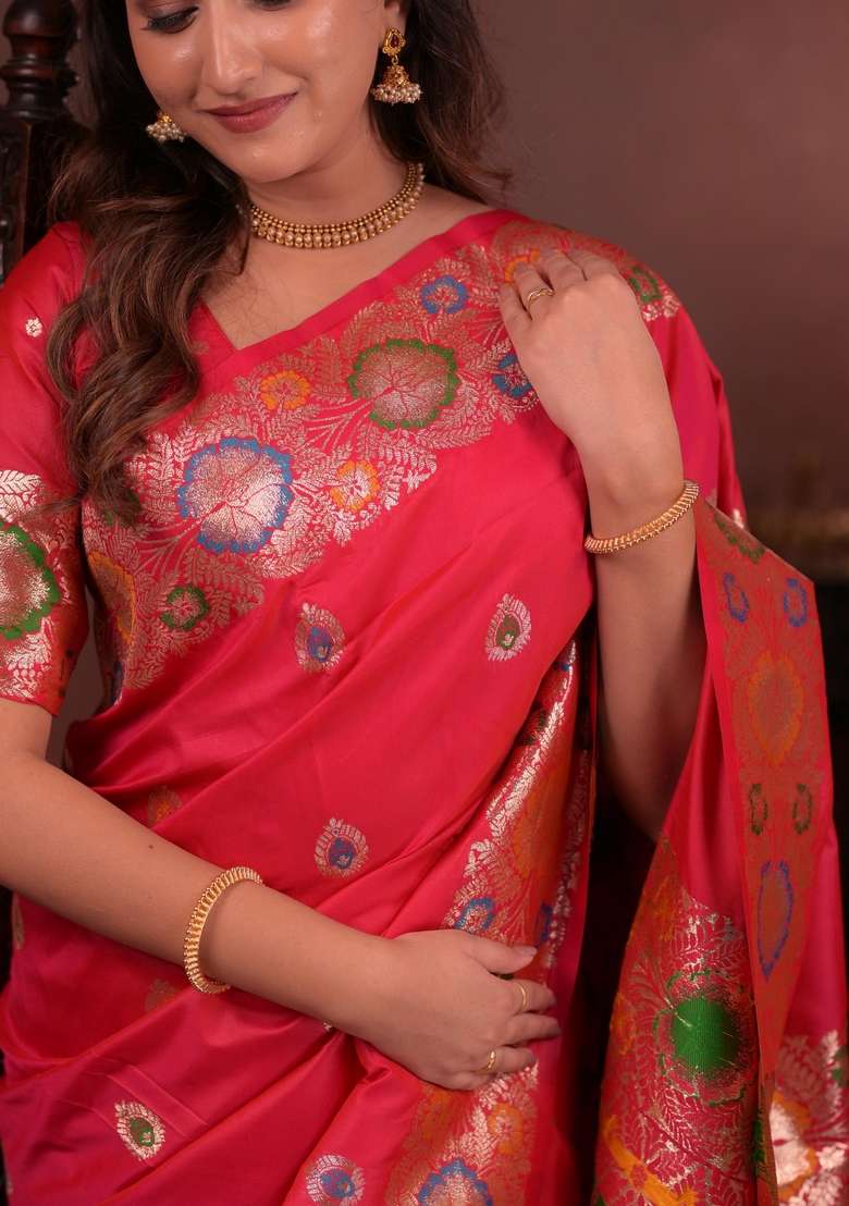 Red Silk Blend Saree Set with Zari Work for Diwali | Wedding & Festive Wear - Indya