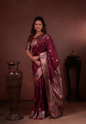 Maroon Zari Work Silk Blend Saree Set