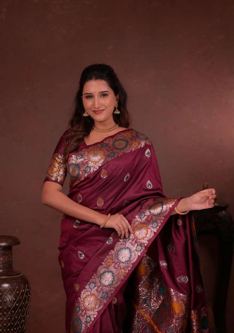 Maroon Zari Work Silk Blend Saree Set for Diwali and Festive Wear - Indya