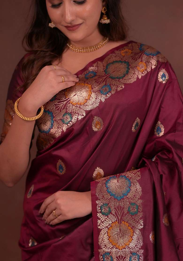 Maroon Zari Work Silk Blend Saree Set for Diwali and Festive Wear - Indya