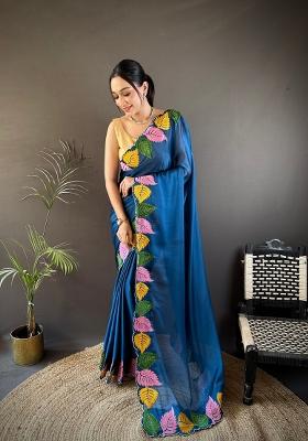 Dark Blue Zari Work Silk Blend Saree Set
