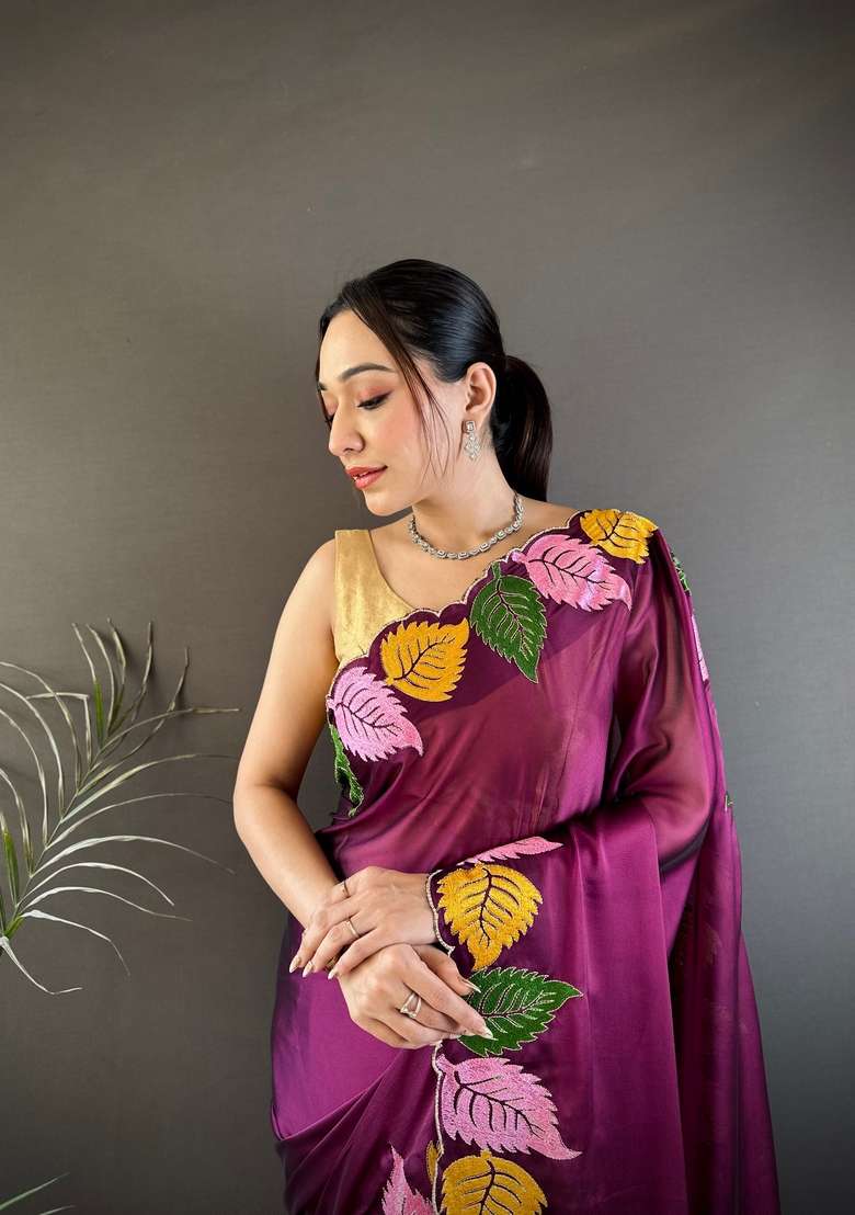 Wine Zari Work Silk Blend Saree Set for Diwali and Festive Wear - Indya