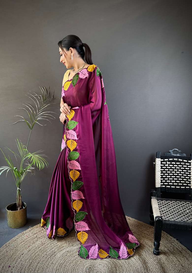 Wine Zari Work Silk Blend Saree Set for Diwali and Festive Wear - Indya