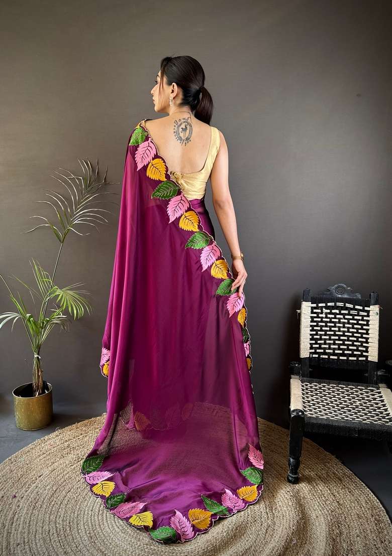 Wine Zari Work Silk Blend Saree Set for Diwali and Festive Wear - Indya