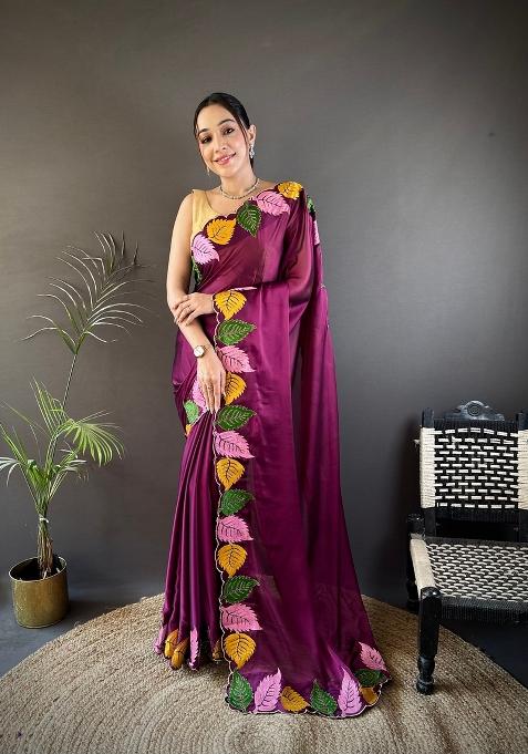 Wine Zari Work Silk Saree Set — view on Indya