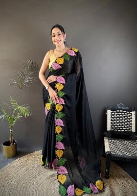Black Zari Work Silk Blend Saree Set