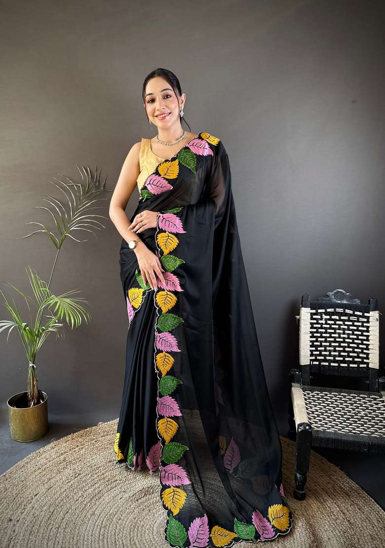 Black Zari Work Silk Blend Saree Set for Diwali and Festive Wear - Indya