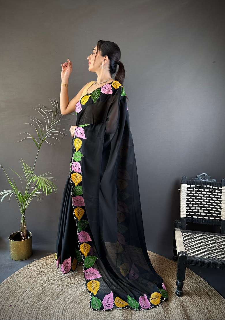 Black Zari Work Silk Blend Saree Set for Diwali and Festive Wear - Indya