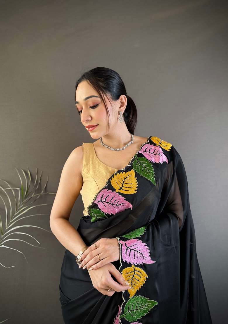 Black Zari Work Silk Blend Saree Set for Diwali and Festive Wear - Indya
