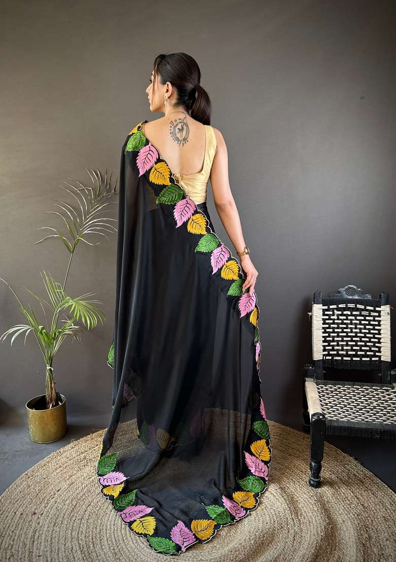 Black Zari Work Silk Blend Saree Set for Diwali and Festive Wear - Indya