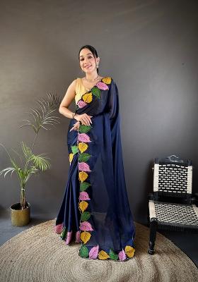 Navy Blue Zari Work Silk Blend Saree Set