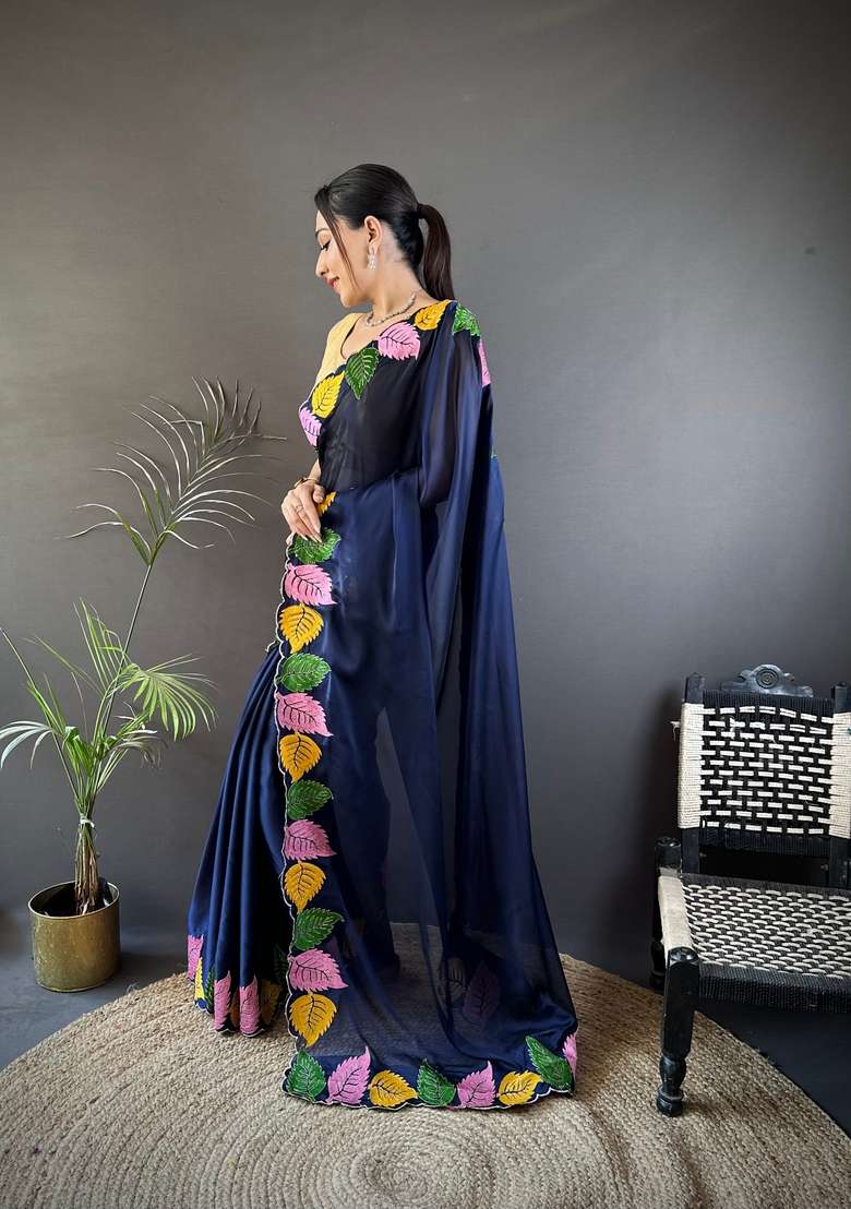 Navy Blue Zari Work Silk Blend Saree Set for Diwali and Festive Wear - Indya