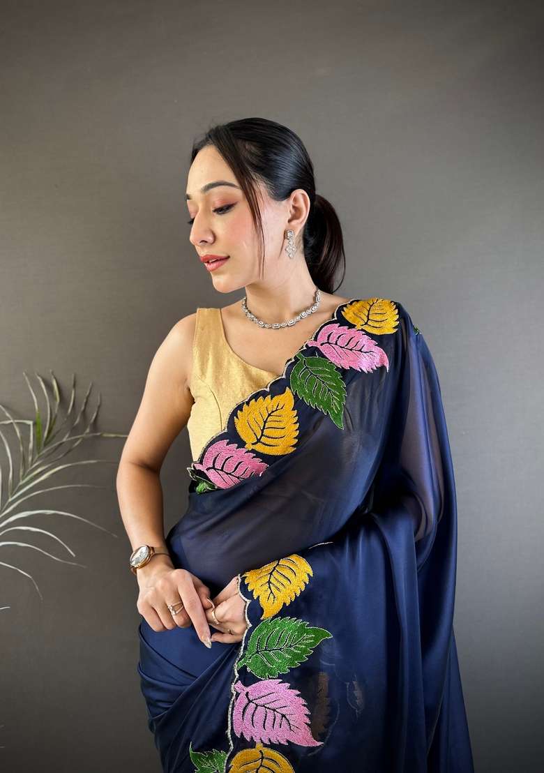 Navy Blue Zari Work Silk Blend Saree Set for Diwali and Festive Wear - Indya
