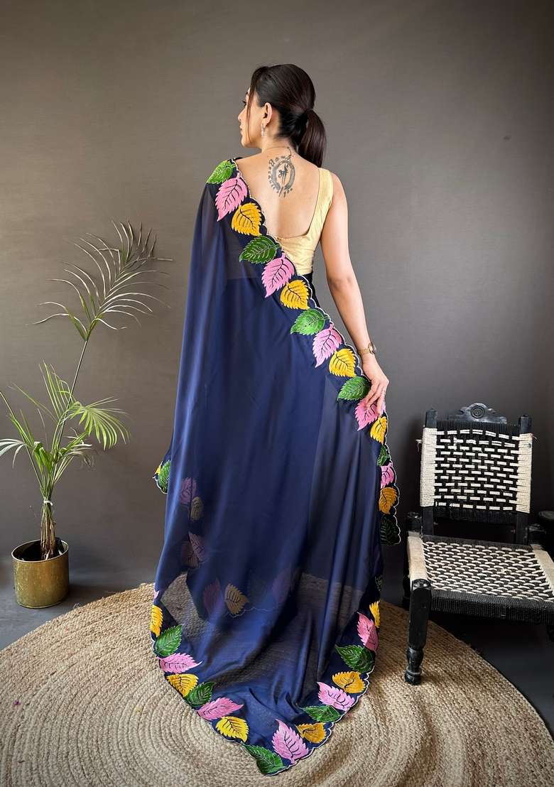 Navy Blue Zari Work Silk Blend Saree Set for Diwali and Festive Wear - Indya