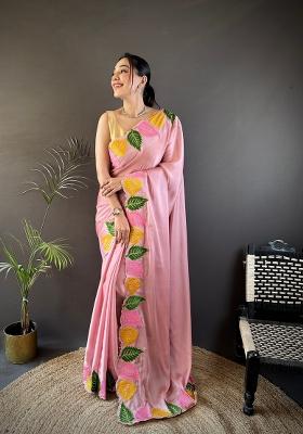 Light Baby Pink Zari Work Silk Blend Saree Set