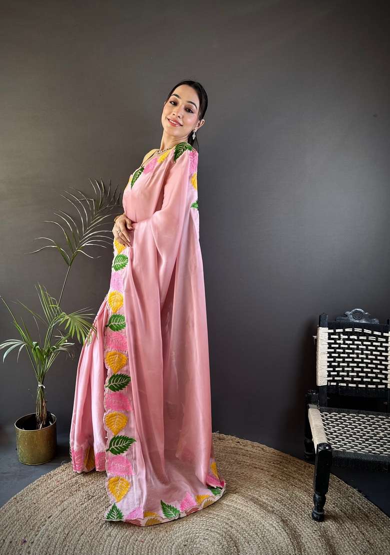 Light Baby Pink Zari Work Silk Blend Saree Set for Diwali and Festive Wear - Indya