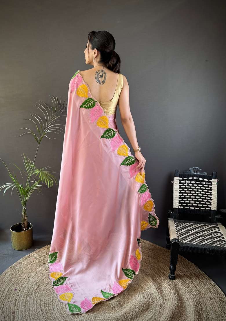 Light Baby Pink Zari Work Silk Blend Saree Set for Diwali and Festive Wear - Indya