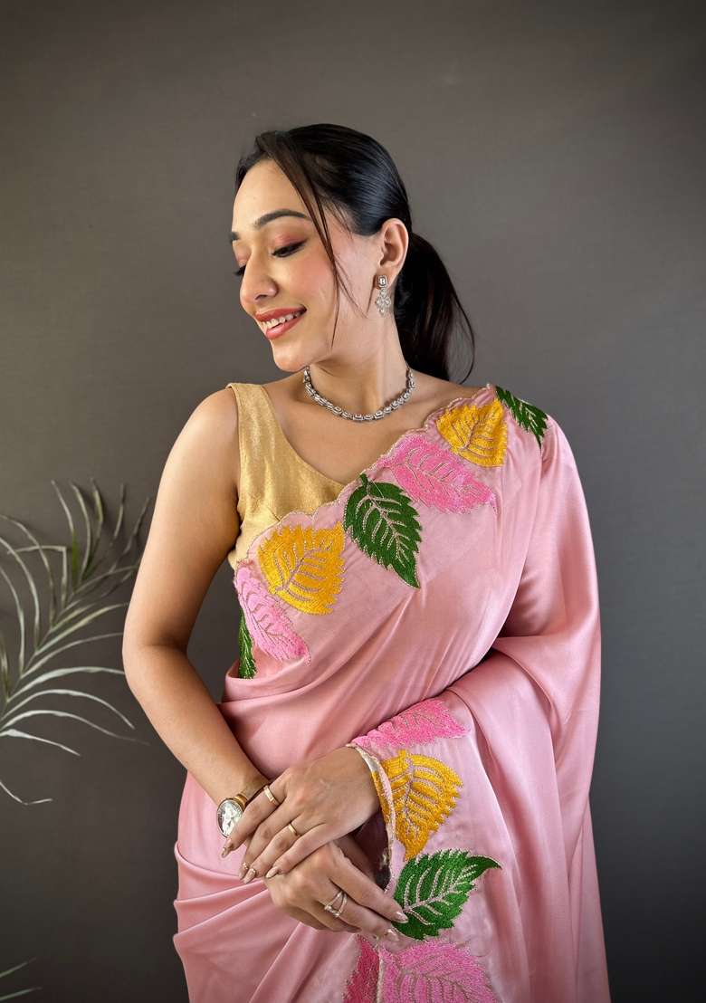 Light Baby Pink Zari Work Silk Blend Saree Set for Diwali and Festive Wear - Indya