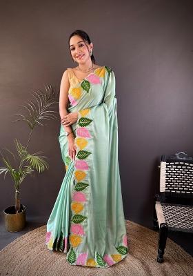 Light Green Zari Work Silk Blend Saree Set