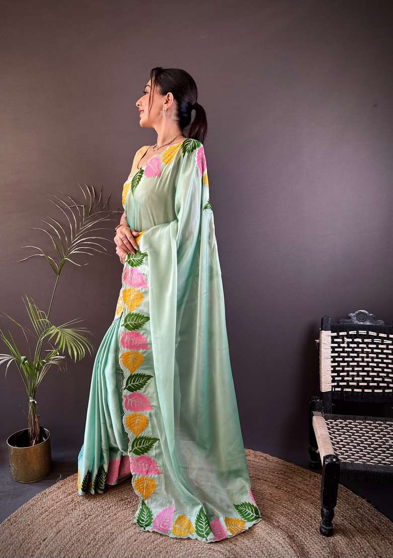 Light Green Zari Work Silk Blend Saree Set for Diwali and Festive Wear - Indya