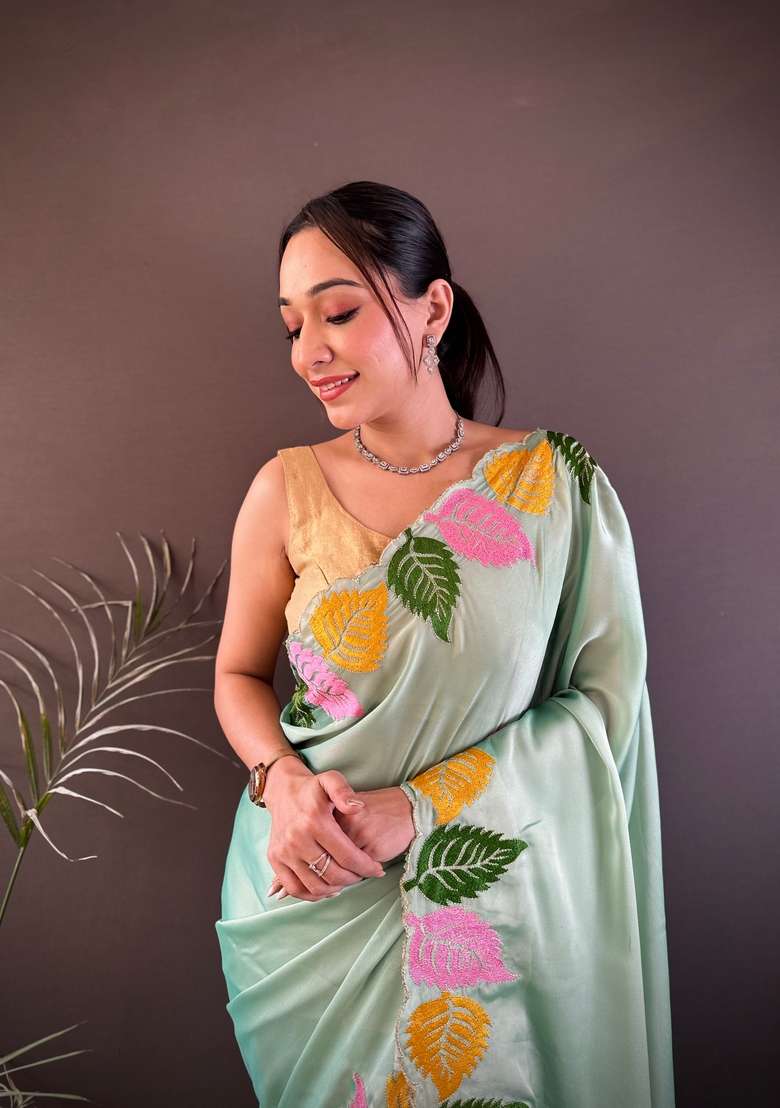 Light Green Zari Work Silk Blend Saree Set for Diwali and Festive Wear - Indya