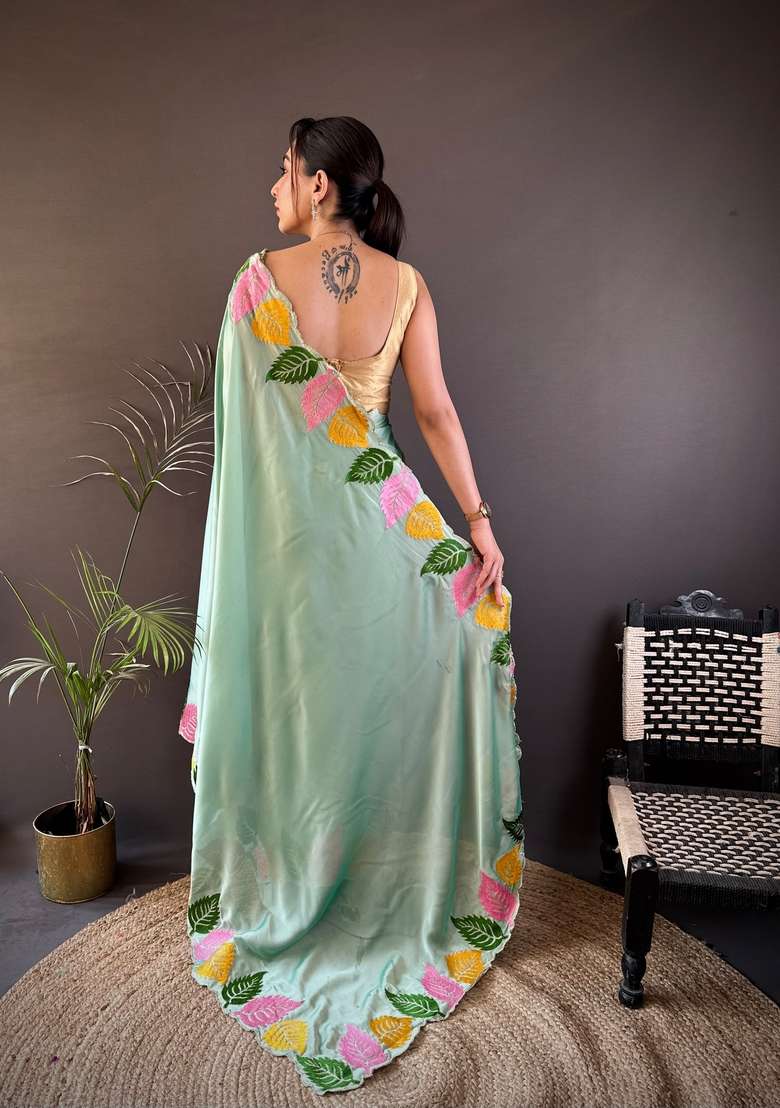 Light Green Zari Work Silk Blend Saree Set for Diwali and Festive Wear - Indya