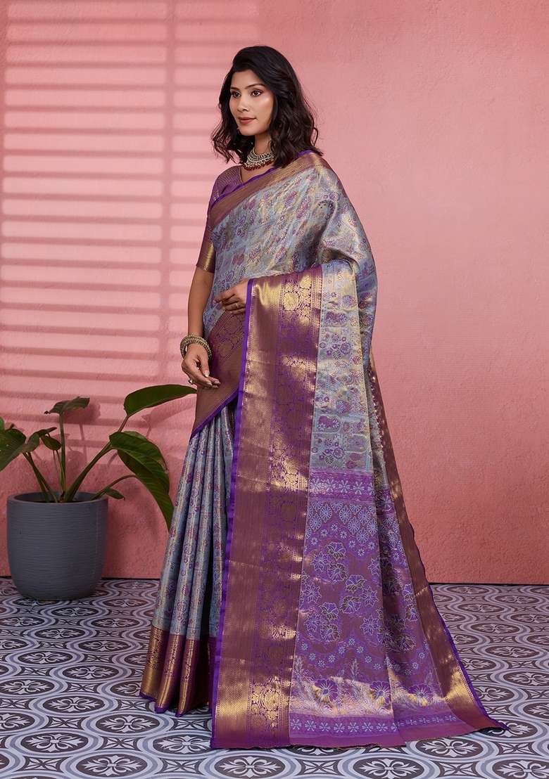 Grey Silk Blend Saree Set with Zari Work for Diwali | Wedding & Festive Wear - Indya