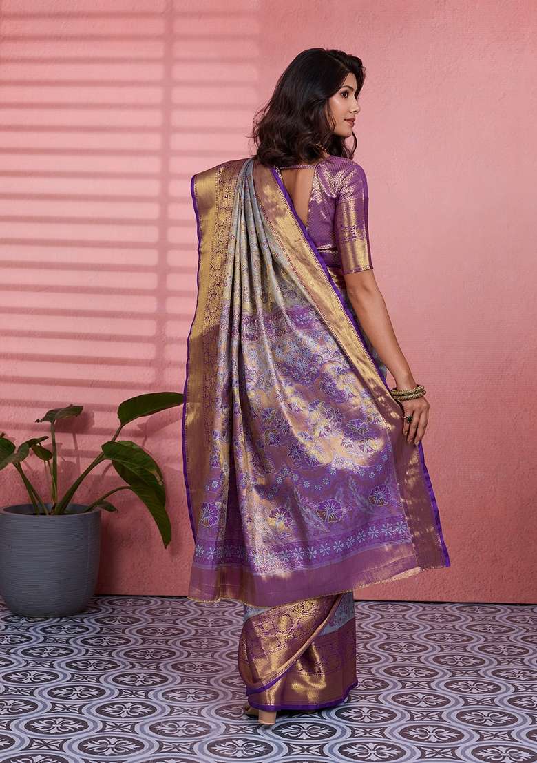 Grey Silk Blend Saree Set with Zari Work for Diwali | Wedding & Festive Wear - Indya