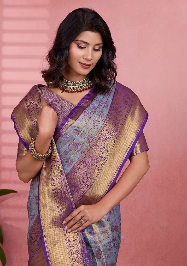 Grey Silk Blend Saree Set with Zari Work for Diwali | Wedding & Festive Wear - Indya