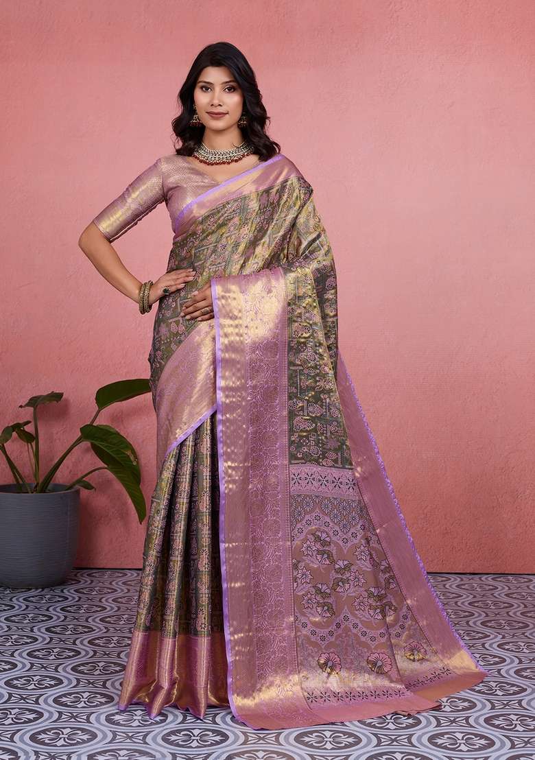 Green Silk Blend Saree Set with Zari Work for Diwali | Wedding & Festive Wear - Indya