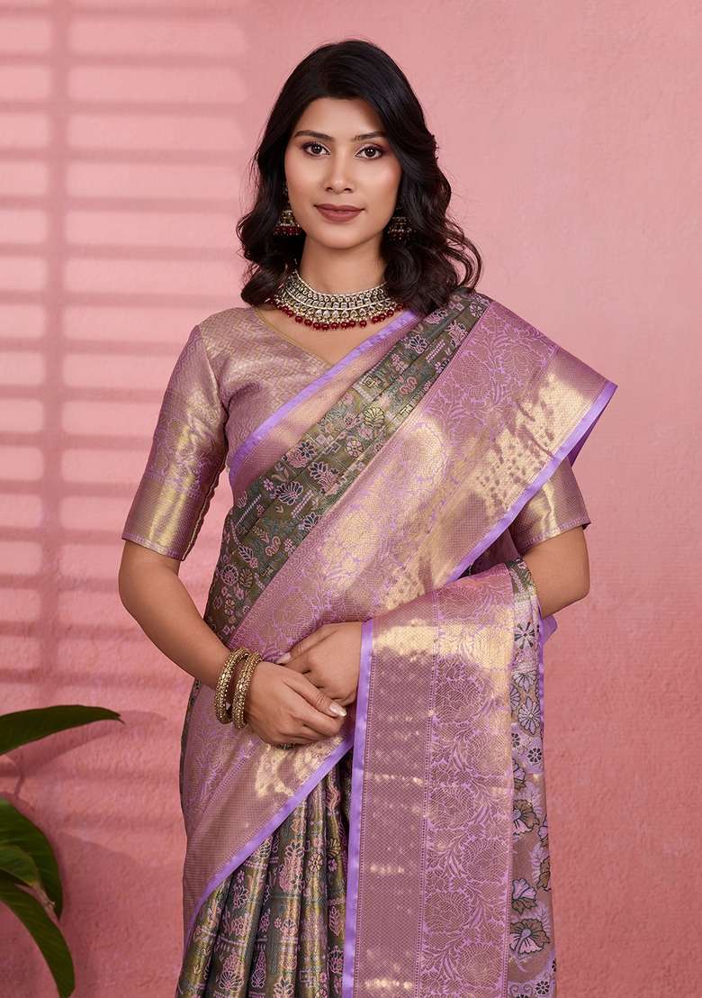 Green Silk Blend Saree Set with Zari Work for Diwali | Wedding & Festive Wear - Indya