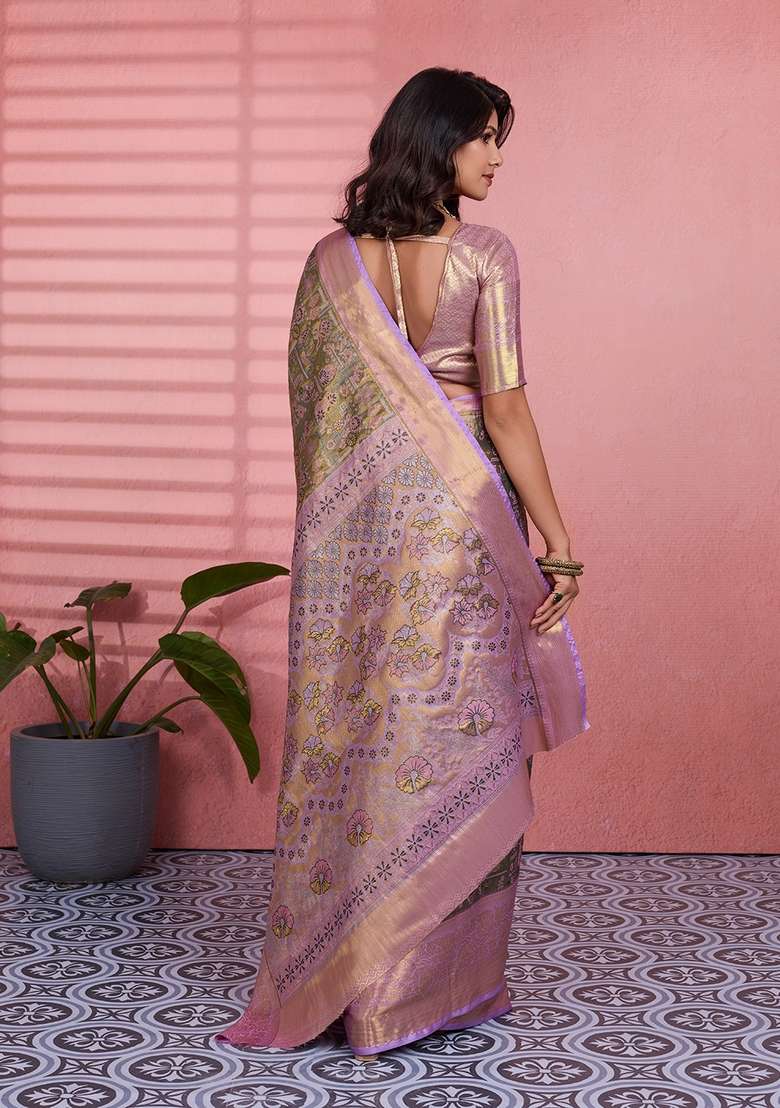 Green Silk Blend Saree Set with Zari Work for Diwali | Wedding & Festive Wear - Indya