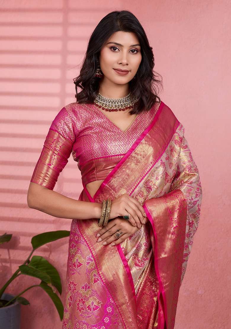 Golden Zari Work Silk Blend Saree Set for Diwali and Festive Wear - Indya