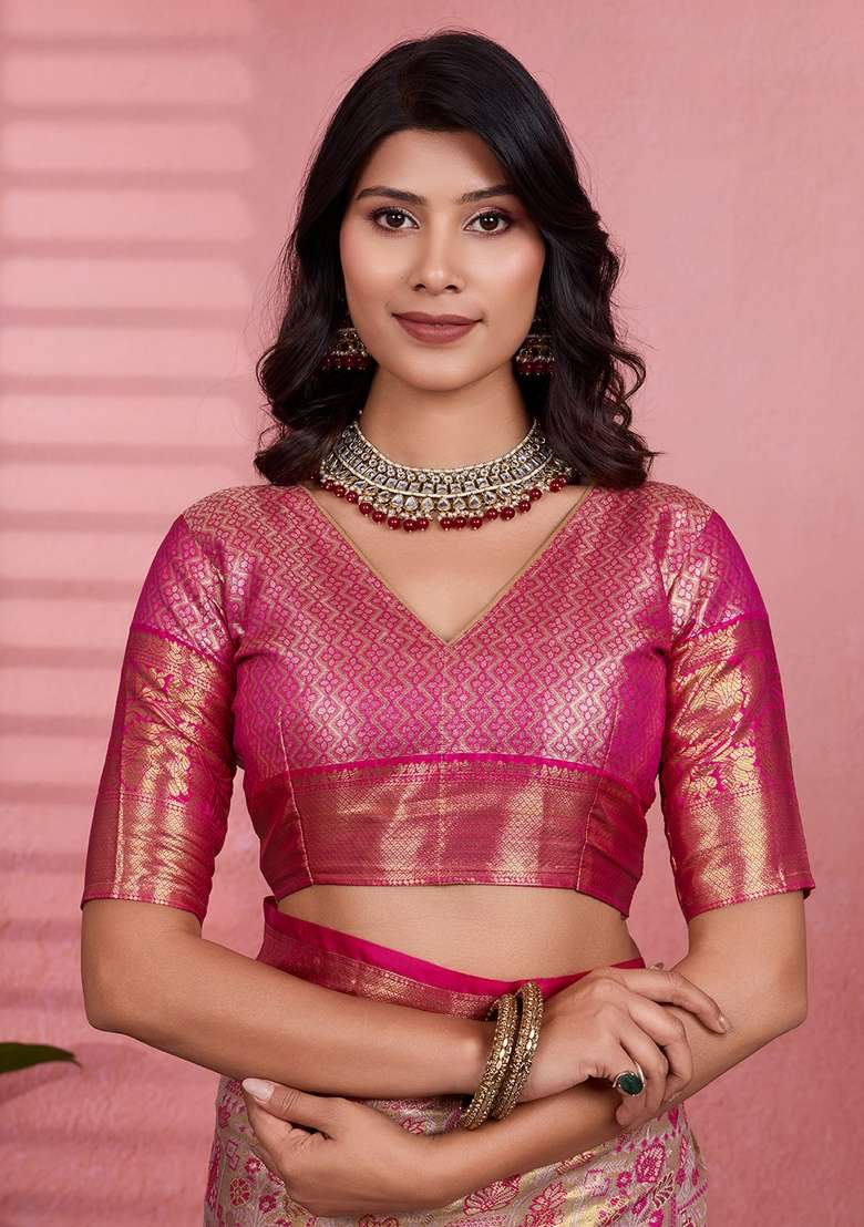 Golden Zari Work Silk Blend Saree Set for Diwali and Festive Wear - Indya