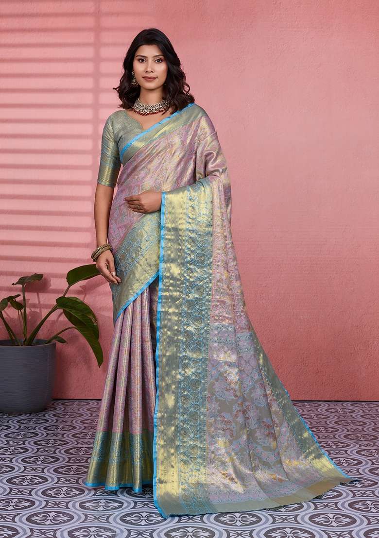 Grey Silk Blend Saree Set with Zari Work for Diwali | Wedding & Festive Wear - Indya