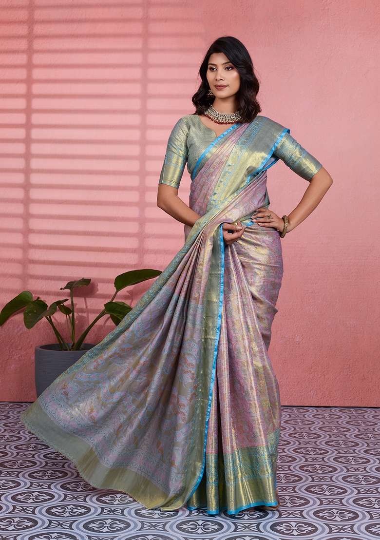 Grey Silk Blend Saree Set with Zari Work for Diwali | Wedding & Festive Wear - Indya