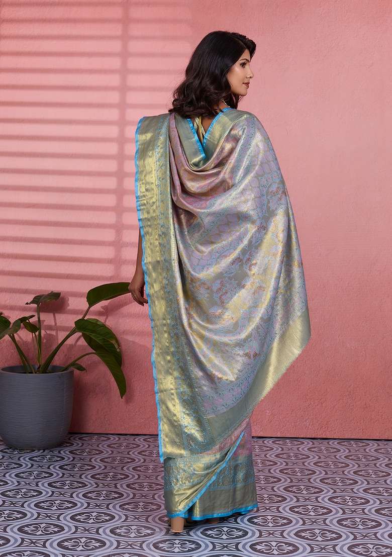 Grey Silk Blend Saree Set with Zari Work for Diwali | Wedding & Festive Wear - Indya