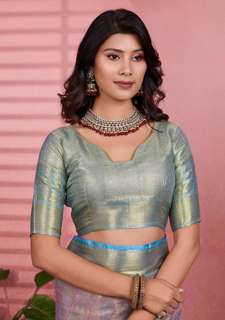 Grey Silk Blend Saree Set with Zari Work for Diwali | Wedding & Festive Wear - Indya