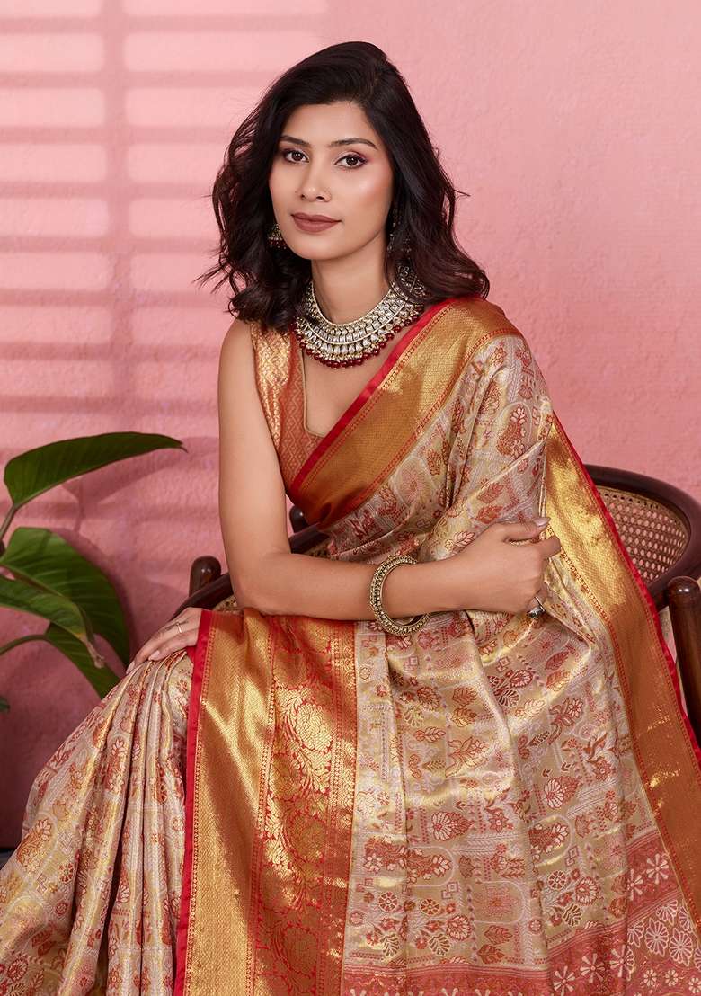 Golden Silk Blend Saree Set with Zari Work for Diwali | Wedding & Festive Wear - Indya