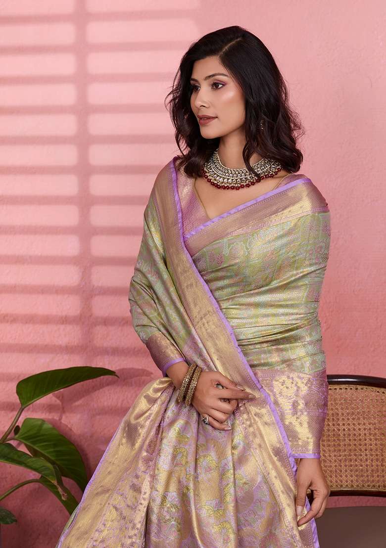 Light Green Zari Work Silk Blend Saree Set for Diwali and Festive Wear - Indya