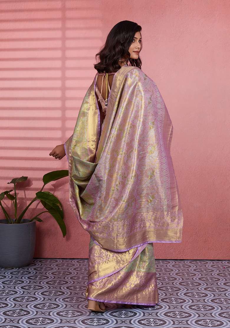 Light Green Zari Work Silk Blend Saree Set for Diwali and Festive Wear - Indya