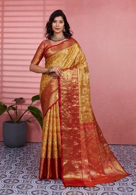 Yellow Zari Work Silk Blend Saree Set