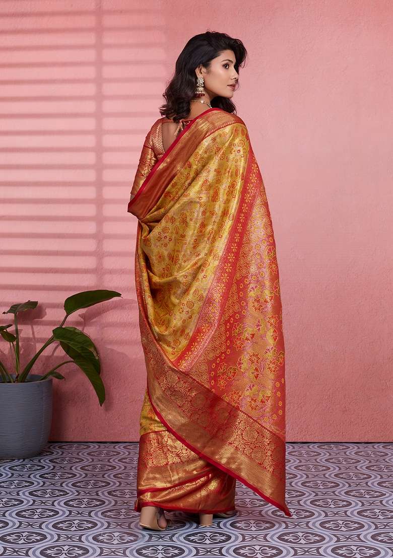 Yellow Zari Work Silk Blend Saree Set for Diwali and Festive Wear - Indya